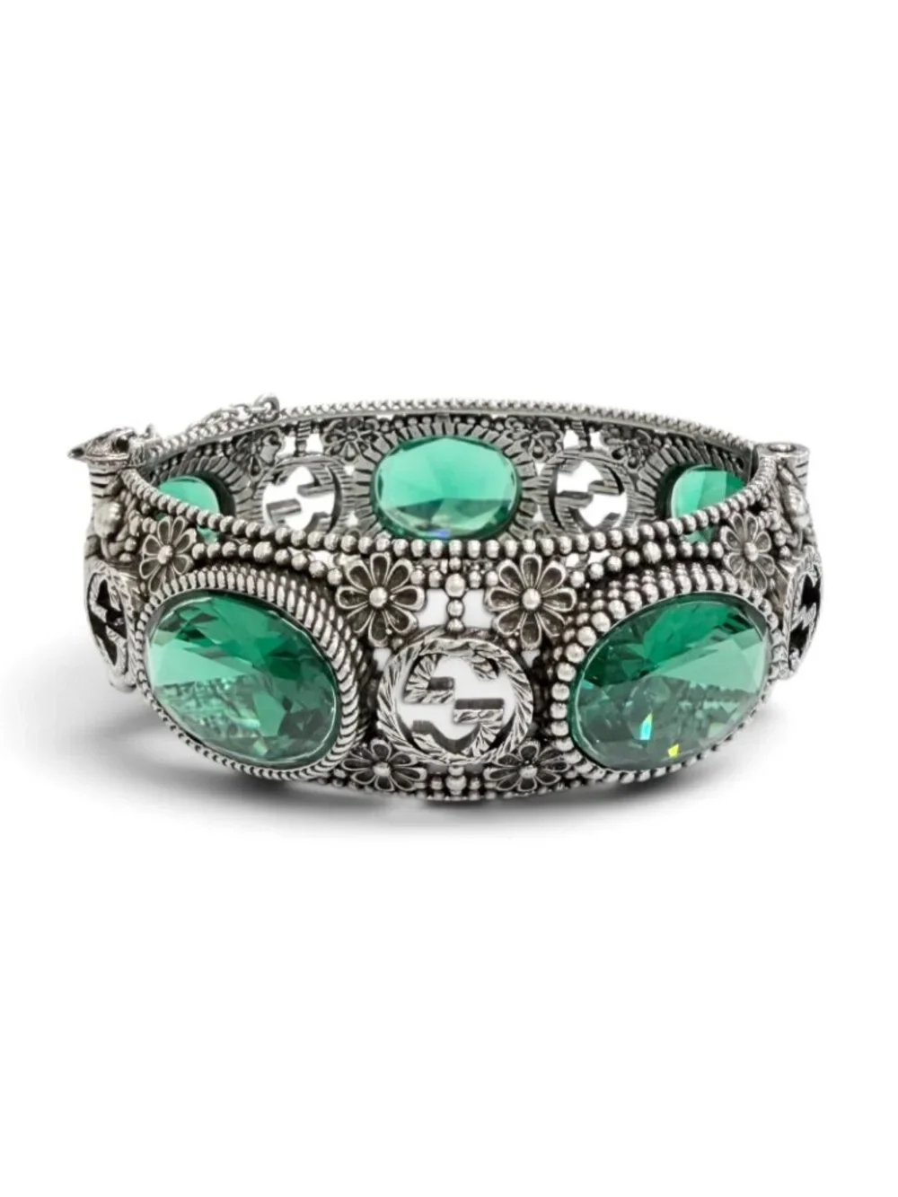 Gucci Interlocking G Flower Cat Head Green Color Stone Bangle Silver 16 Bracelet